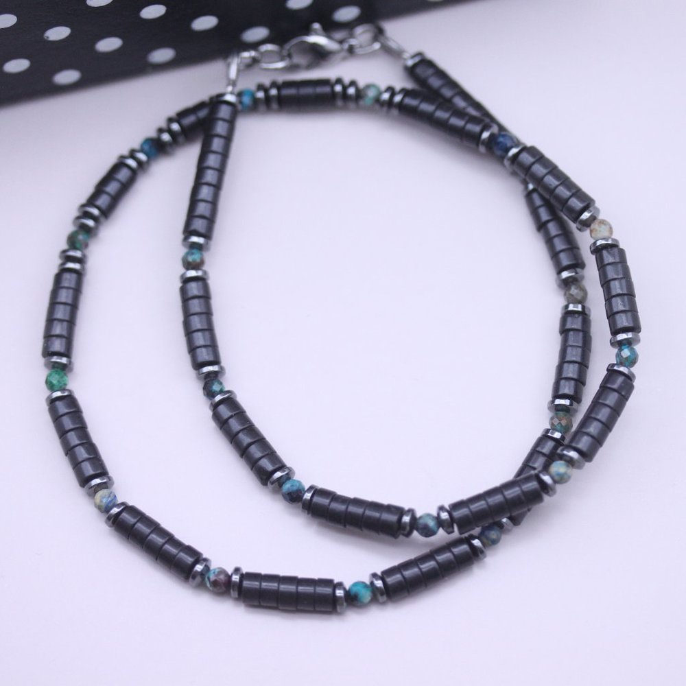 Men's Necklace- Beaded Gemstone Choker-Onyx-Chrysocolla-Hematite - Unisex Choker